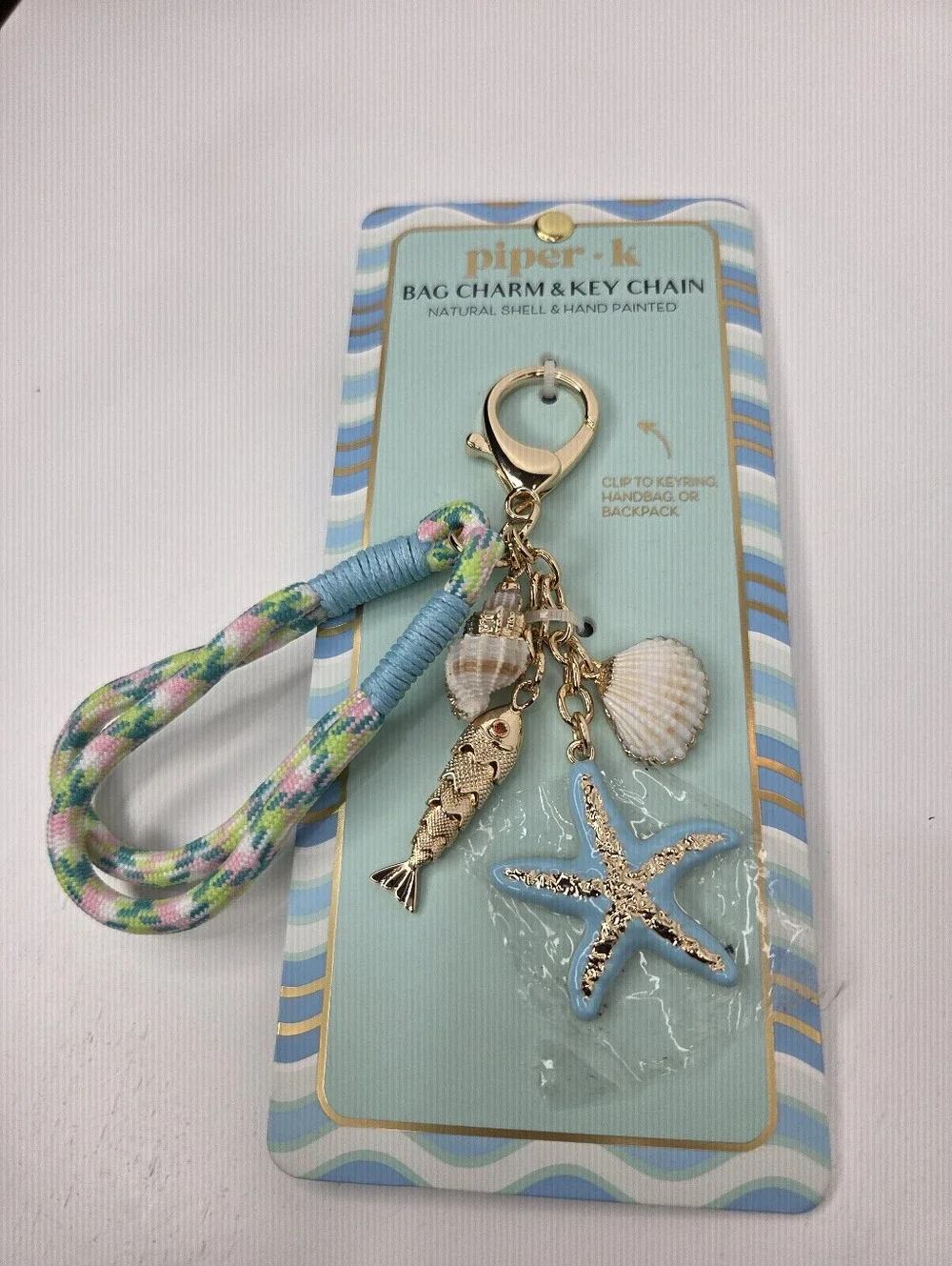 💙▪️Piper K ▪️ Seashell Starfish Bag Charm Key Chain - Blue & Gold